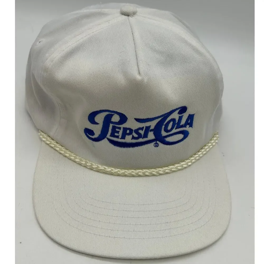 Vintage 80s 90s Pepsi-Cola White Strapback Rope Brim Embroidered Logo Promo Cap